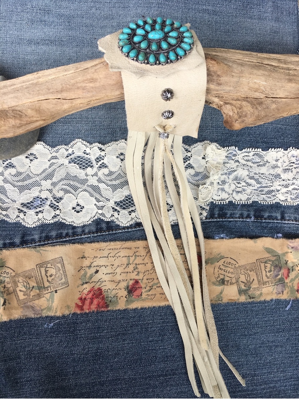 Turquoise Concho Fringe white elk soft Leather Cuff adjustable   button closure - Picture 3 of 3